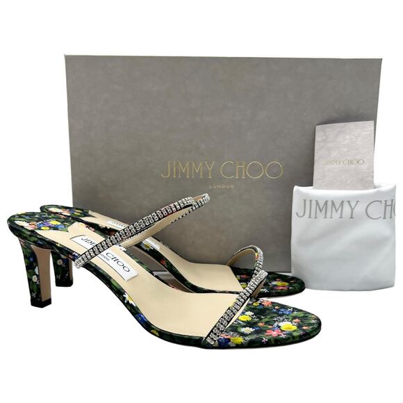 JIMMY CHOO Brea 65 Crystal Embellished Sandals EU 40 US 10 Floral Satin Mules - Picture 1 of 15